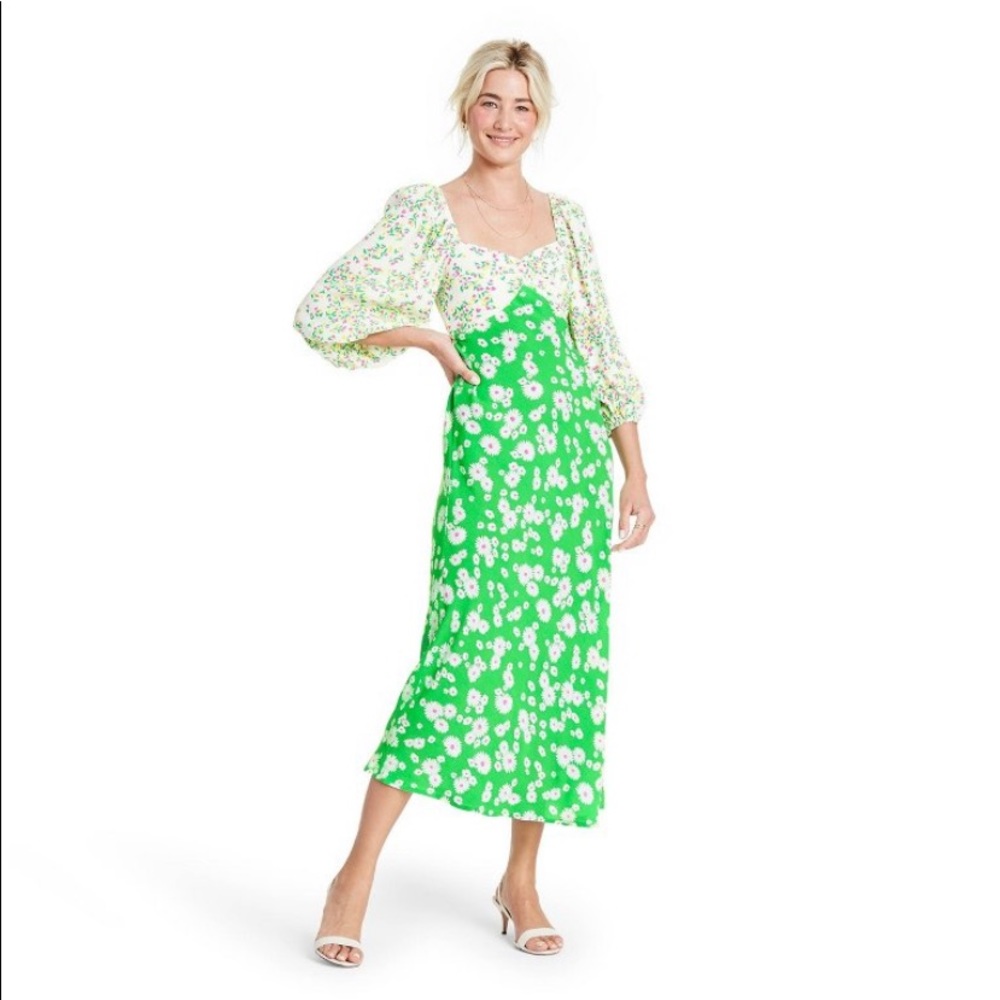 RIXO x Target Puff Sleeve Floral Milkmaid Midi Dress green white pink 0